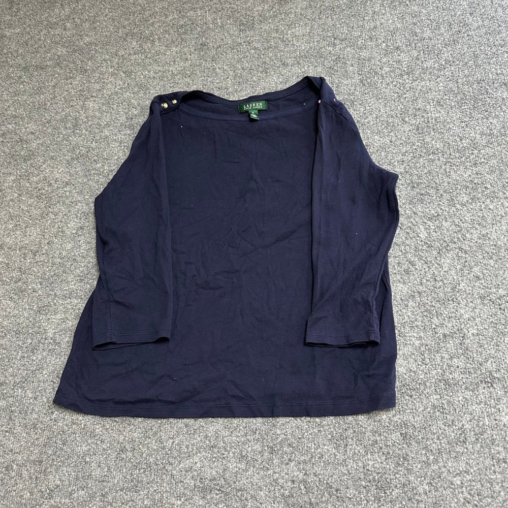 Lauren Ralph Lauren Top Womens XL Navy Blue Boat Neck Button Shoulder 3/4 Sleeve